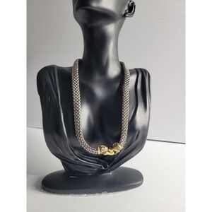 Two Tone Mesh Necklace Gold Tone Clasp Woven Chain Silver Tone Statement